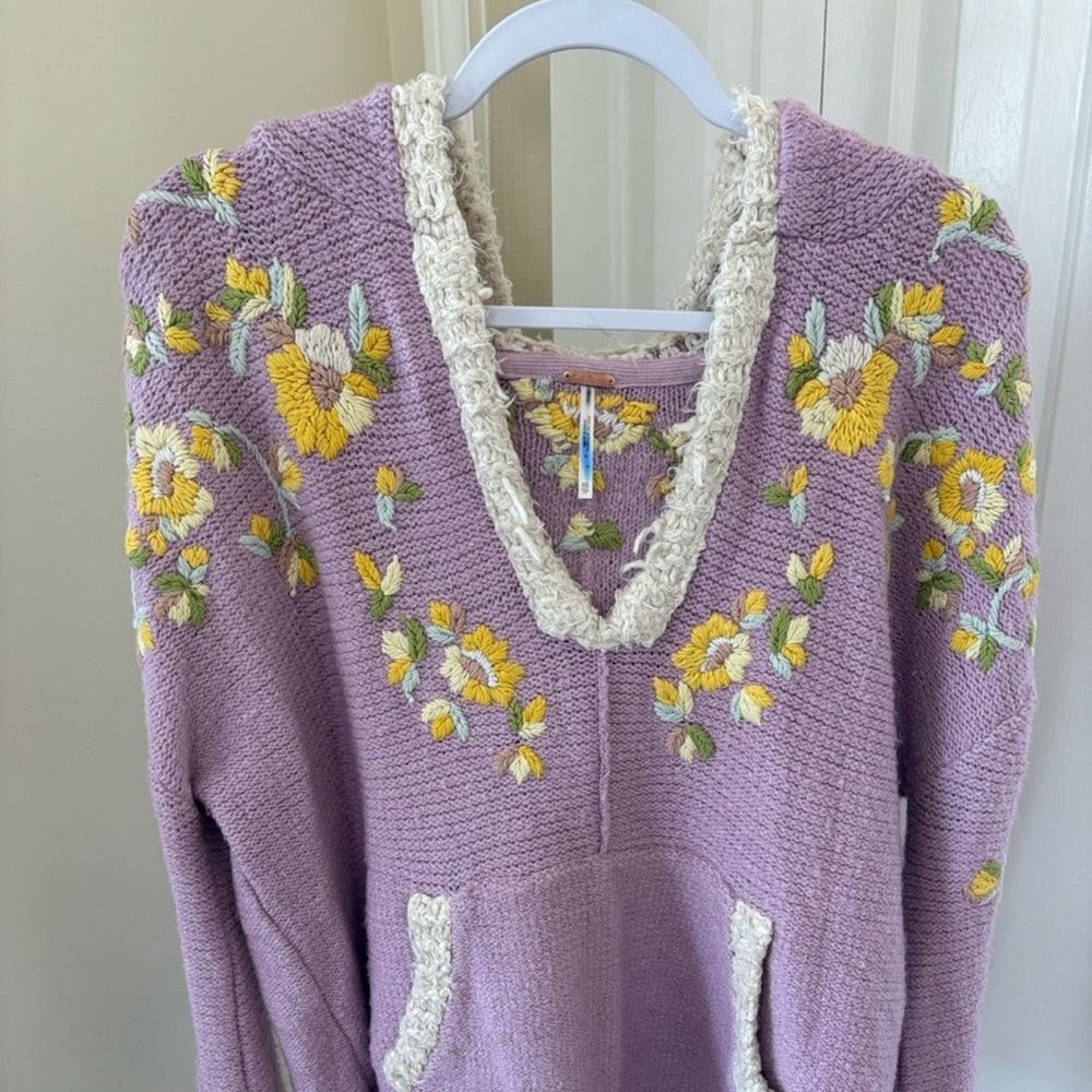 Free People Lavender Off-Shoulder Floral Knit Hoodie - Picture 3 of 4